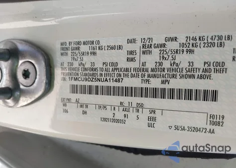 2022 Ford Escape Titanium Hybrid z USA, uszkodzony, nr VIN 1FMCU9DZ5NUA11487